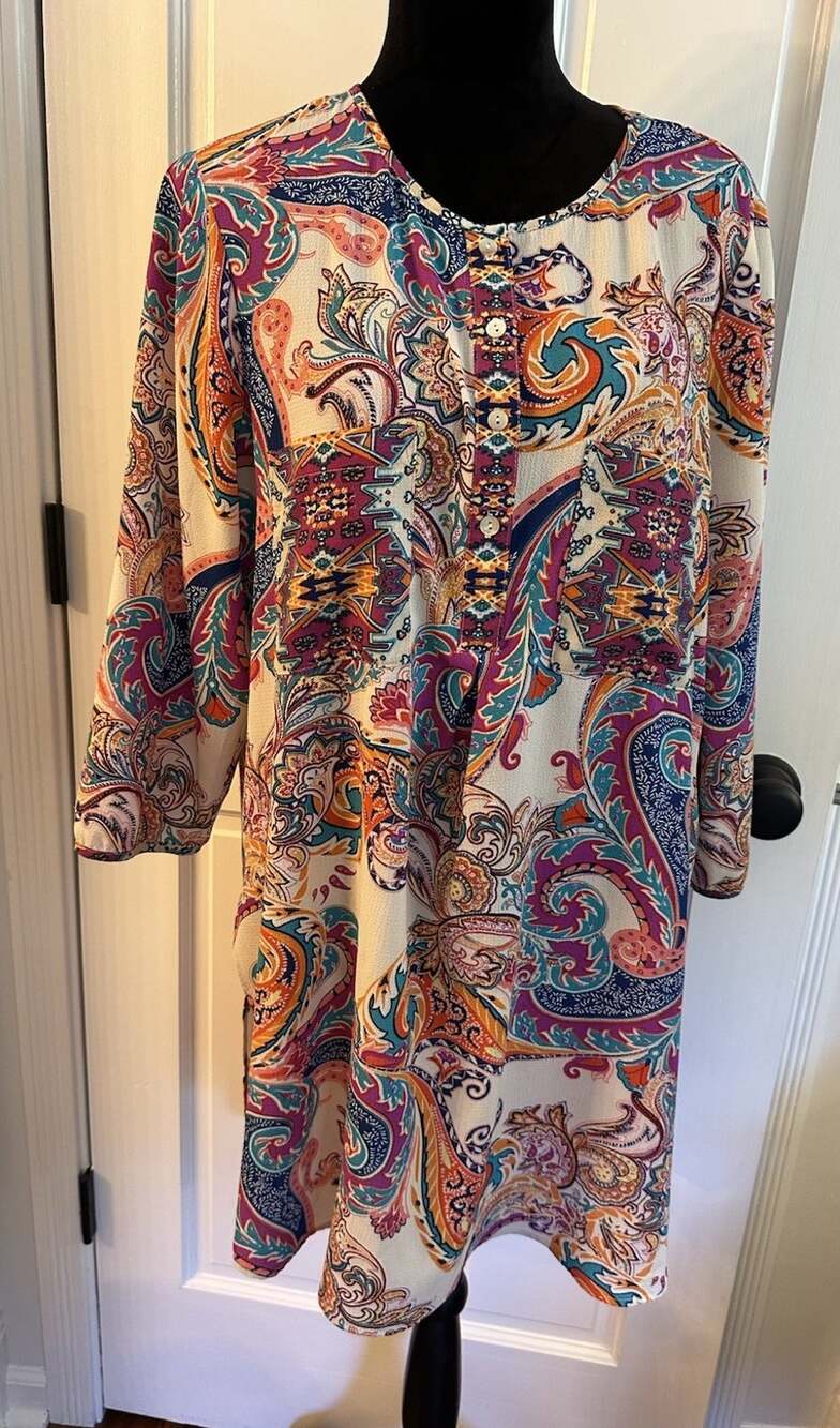 Valerie Stevens Long Tunic Top Women’s XL Paisley Boho Flowy Casual Colorful EUC